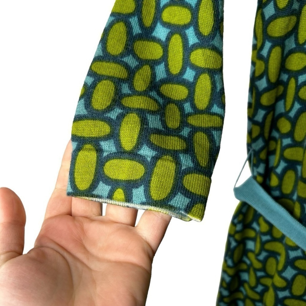 Boden Retro Green Blue Long Sleeve 100% Wool Art Deco Print MIDI Dress Size 4 - Picture 14 of 16